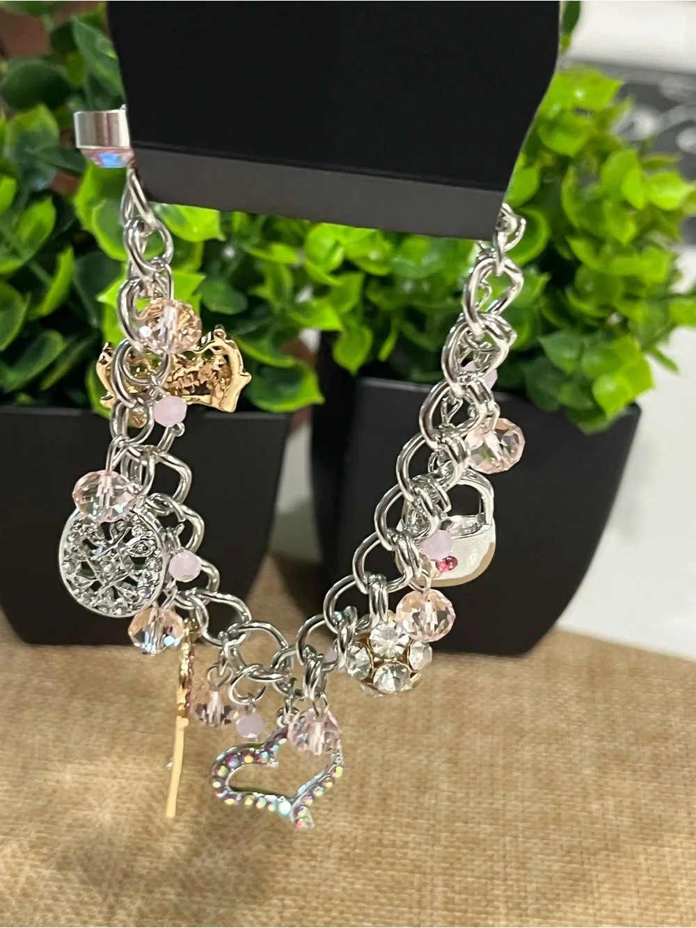 Paparazzi Silver and Pink Crystal Charm Bracelet